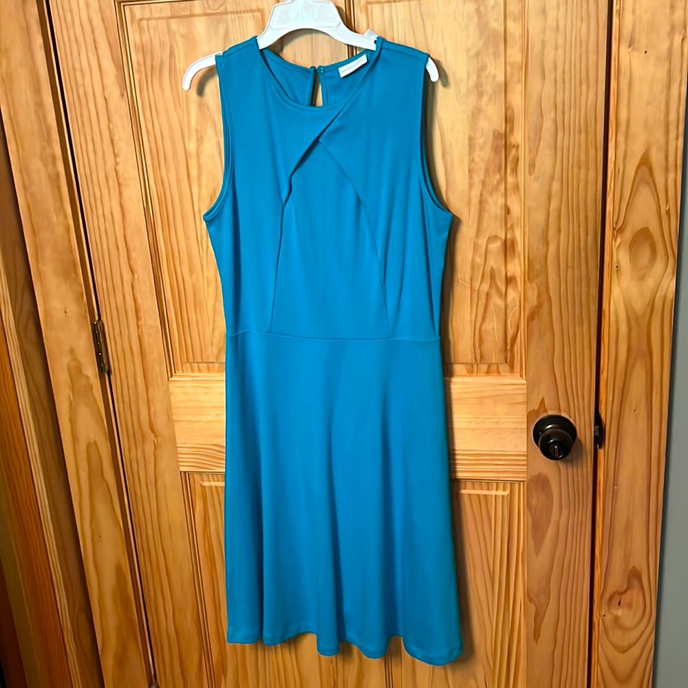 Blue mid-length dress.